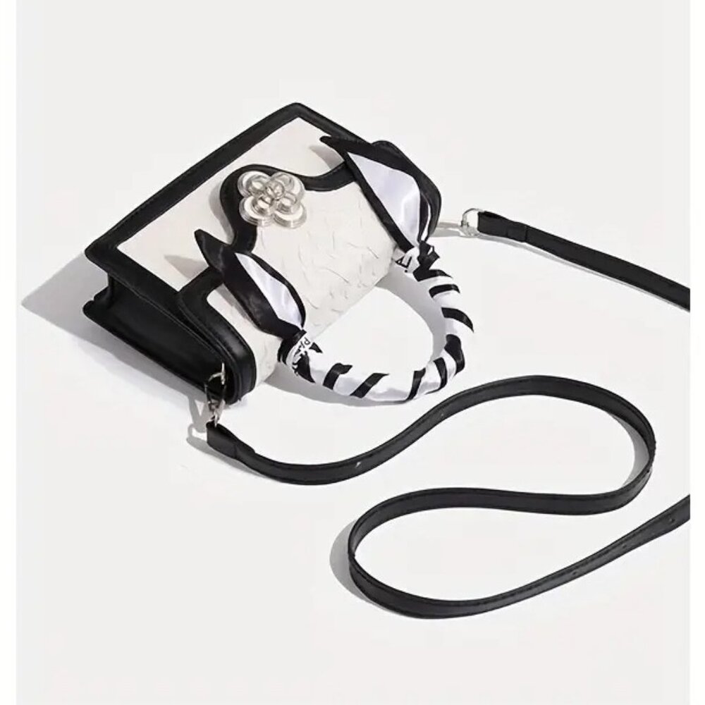 Chic Black/White Textures Floral Mini Crossbody Top Handle Bag w/Twilly - Picture 9 of 13